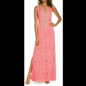 Lilly Pullitzer Women's Size 8 Pink Carlotta Maxi Dress with Gold Neckline